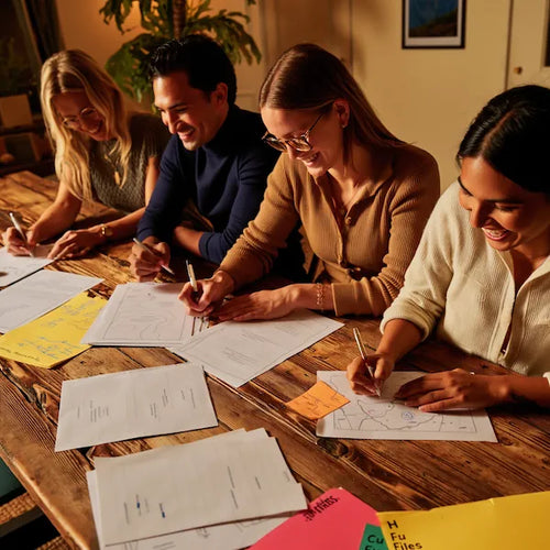 Players connect clues in an investigation board game - an interactive mystery game focused on cooperative crime solving.