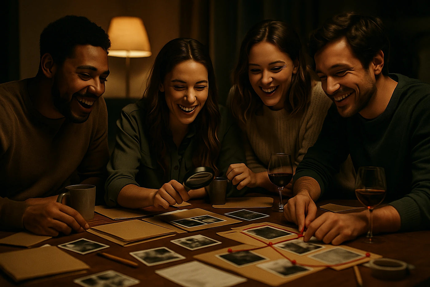Players investigating detective case files and solving clues in an escape room style board game, perfect for mystery lovers and game nights.