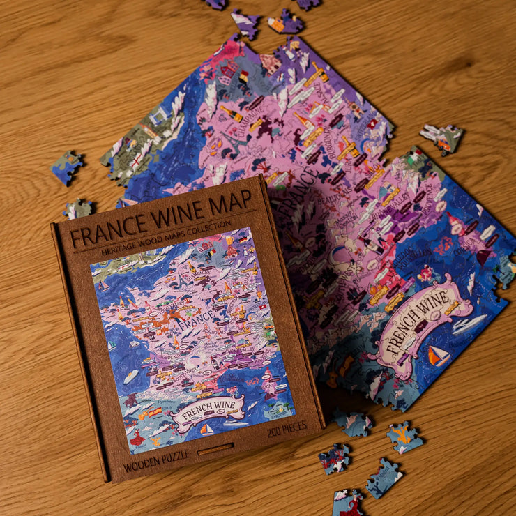 France Wine Map wooden puzzle shown at 9.5×13.4 in (24×34 cm) for size reference.