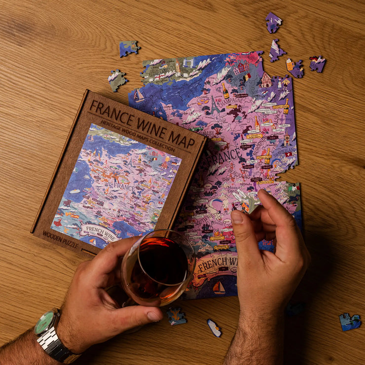 France Wine Map wooden puzzle, 200‑piece birch set assembled; sommelier‑curated wine regions.