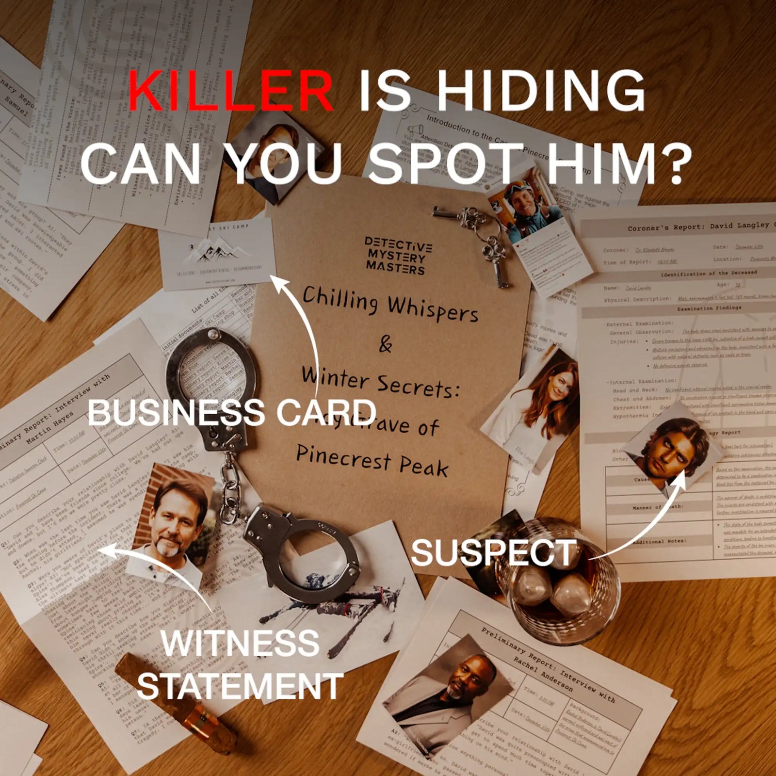 Evidence files and suspect profiles from the Icy Grave of Pinecrest Peak detective game.