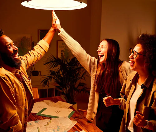 Friends celebrate solving a murder mystery game - killer caught, case closed during a thrilling mystery game night.