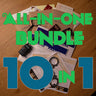 Top view of Detective Mystery Masters 10-in-1 all-in-one detective case bundle with envelopes, clues, and mystery-solving materials on a wooden table.