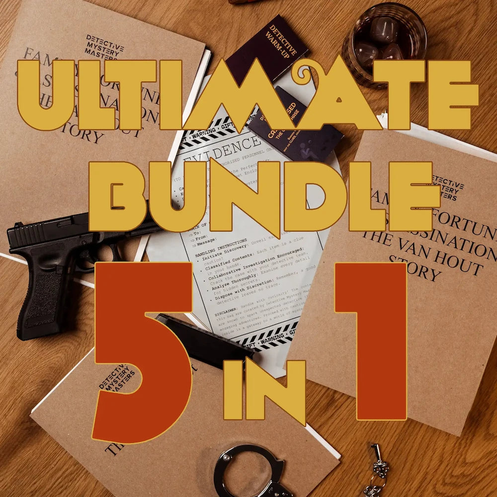 Top view of Detective Mystery Masters 5-in-1 ultimate detective mystery bundle with evidence files, handcuffs, and case materials arranged on a wooden table.
