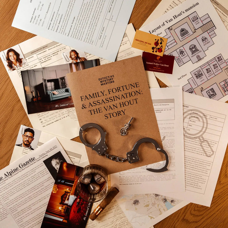 Van Hout Story case materials, including evidence and suspect profiles in the detective game.